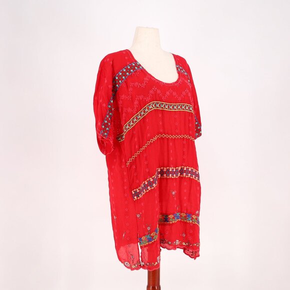 JOHNNY WAS Daisy Eyelet Embroidered Tunic Lightweight Vibrant Red Size XL - Picture 2 of 10